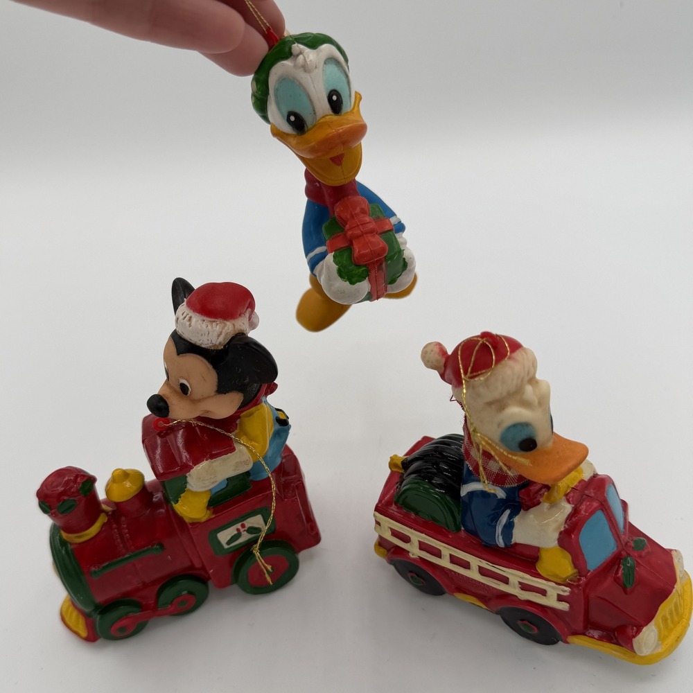 3 Disney Mickey‎ Donald Christmas Ornaments Train Fire Truck Holiday Vintage